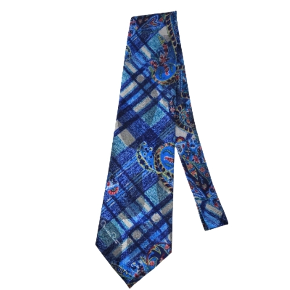 Oscar de la Renta Blue Plaid Paisley Necktie